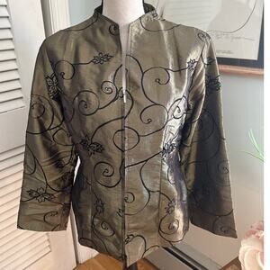 RARITIES Womens Jacket Olive Green Shimmer Embroidered Bohemian Artsy Zip LARGE